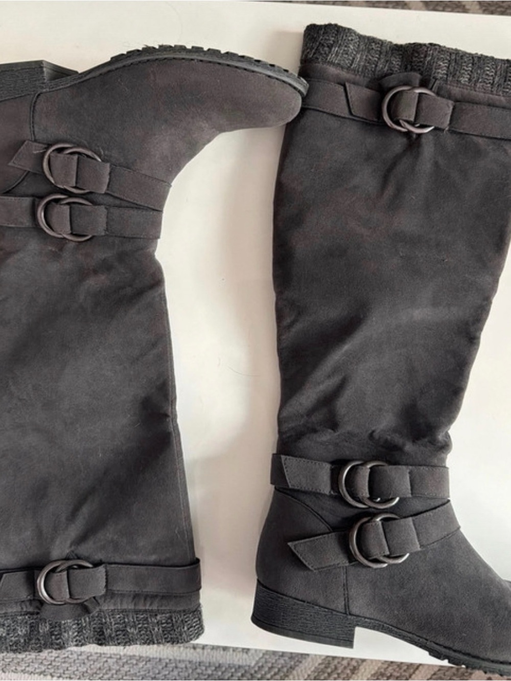 Shoe Dazzle Black Over-the-Knee Buckled Knit-Cuff Boots